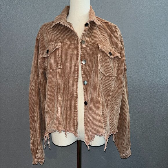 POL ANTHROPOLOGIE DISTRESSED RAW HEM CORDUROY OVERSIZED CROPPED JACKET CINNAMON - Picture 1 of 11